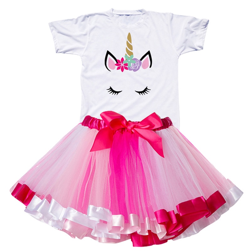 Girls Summer Unicorn Printed Clothing Set with Tutu Dress