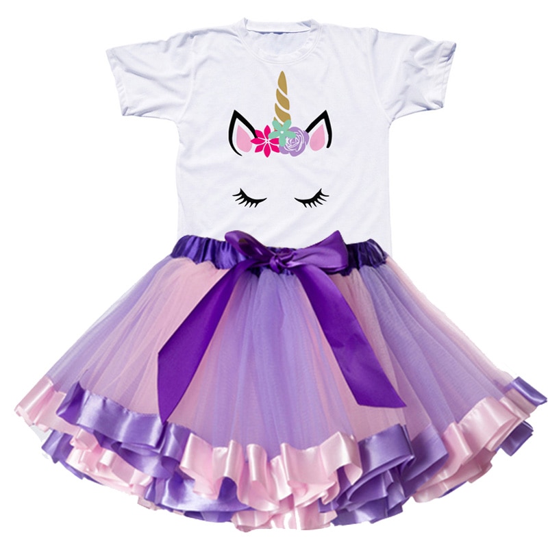 Girls Summer Unicorn Printed Clothing Set with Tutu Dress