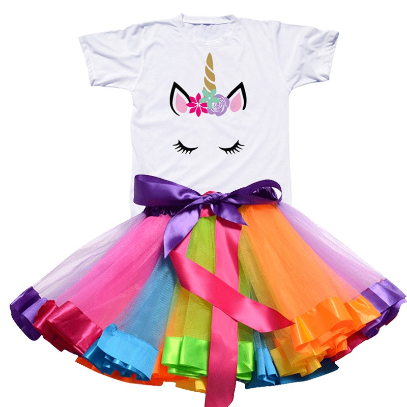 Girls Summer Unicorn Printed Clothing Set with Tutu Dress