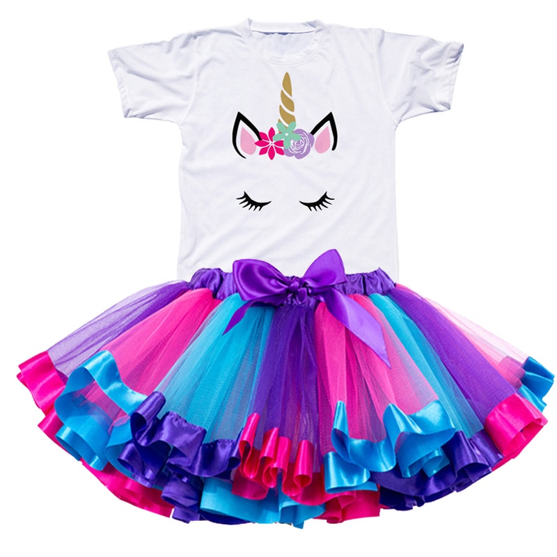 Girls Summer Unicorn Printed Clothing Set with Tutu Dress